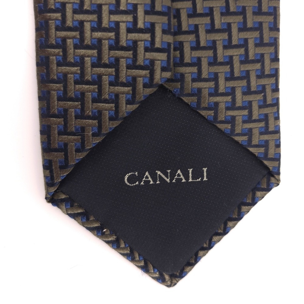 Canali Mens Tie 100% Silk Olive Green Navy Geometric Basketweave Made in Italy - Picture 3 of 10
